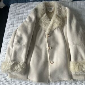 Women's Coldwater Creek Leather Cream Faux Fur Trim Coat